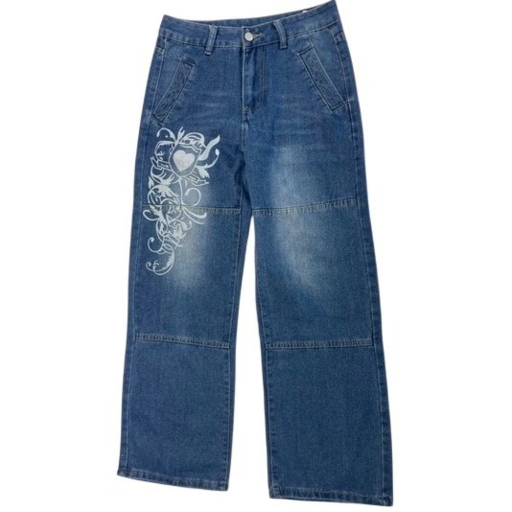 Jeans Blue Wide Leg Graphic Heart Print Denim Pants Streetwear Y2K Size S